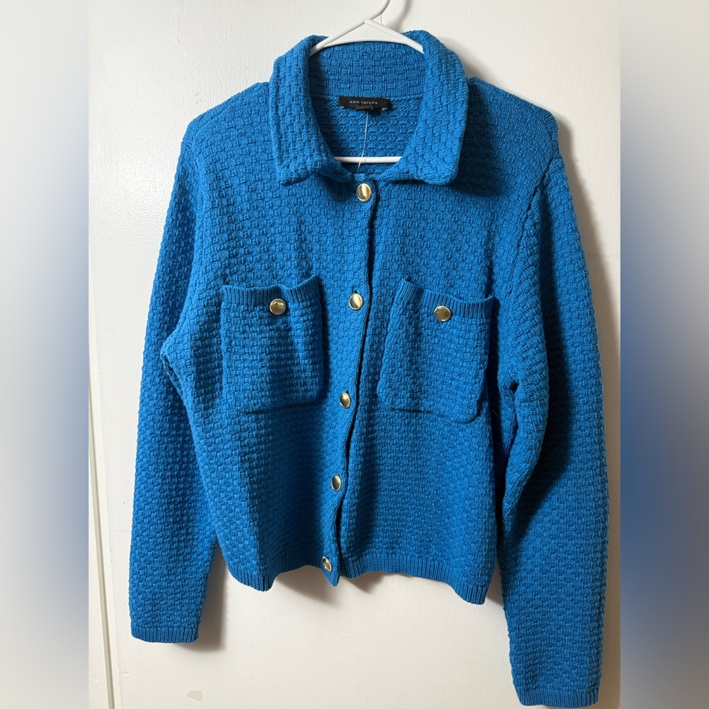 Ann Taylor Azure Blue Textured Button-Up Cardigan Jacket
